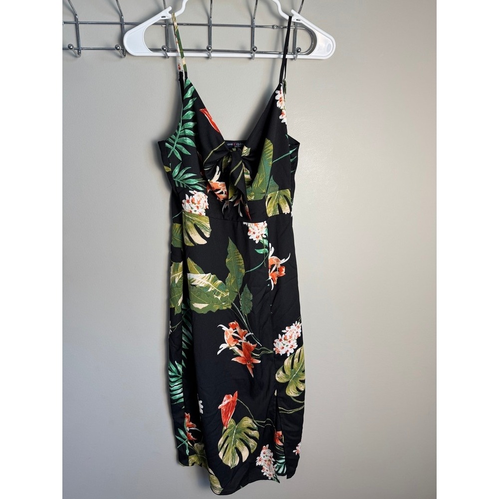 One Clothing Womens Black Floral Tropical Tie Front Slit Dress S Boho Vacation